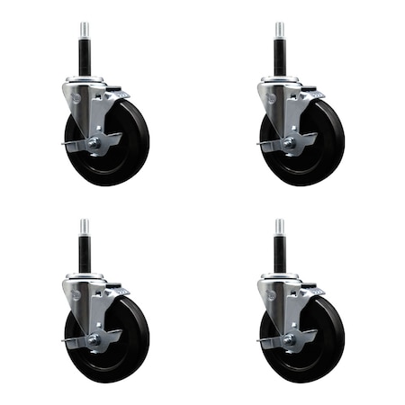 Service Caster 5'' Soft Rubber Swivel 3/4'' Expanding Stem Caster Set with Brake, 4PK SCC-EX20S514-SRS-TLB-34-4
